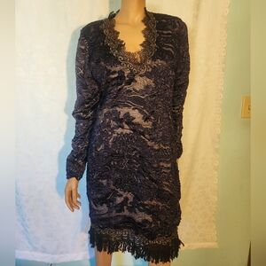 Long sleeve dark blue lace dress with fringe